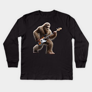 Bigfoot Playing A Electric Guitar Rock On Sasquatch Big Foot Kids Long Sleeve T-Shirt